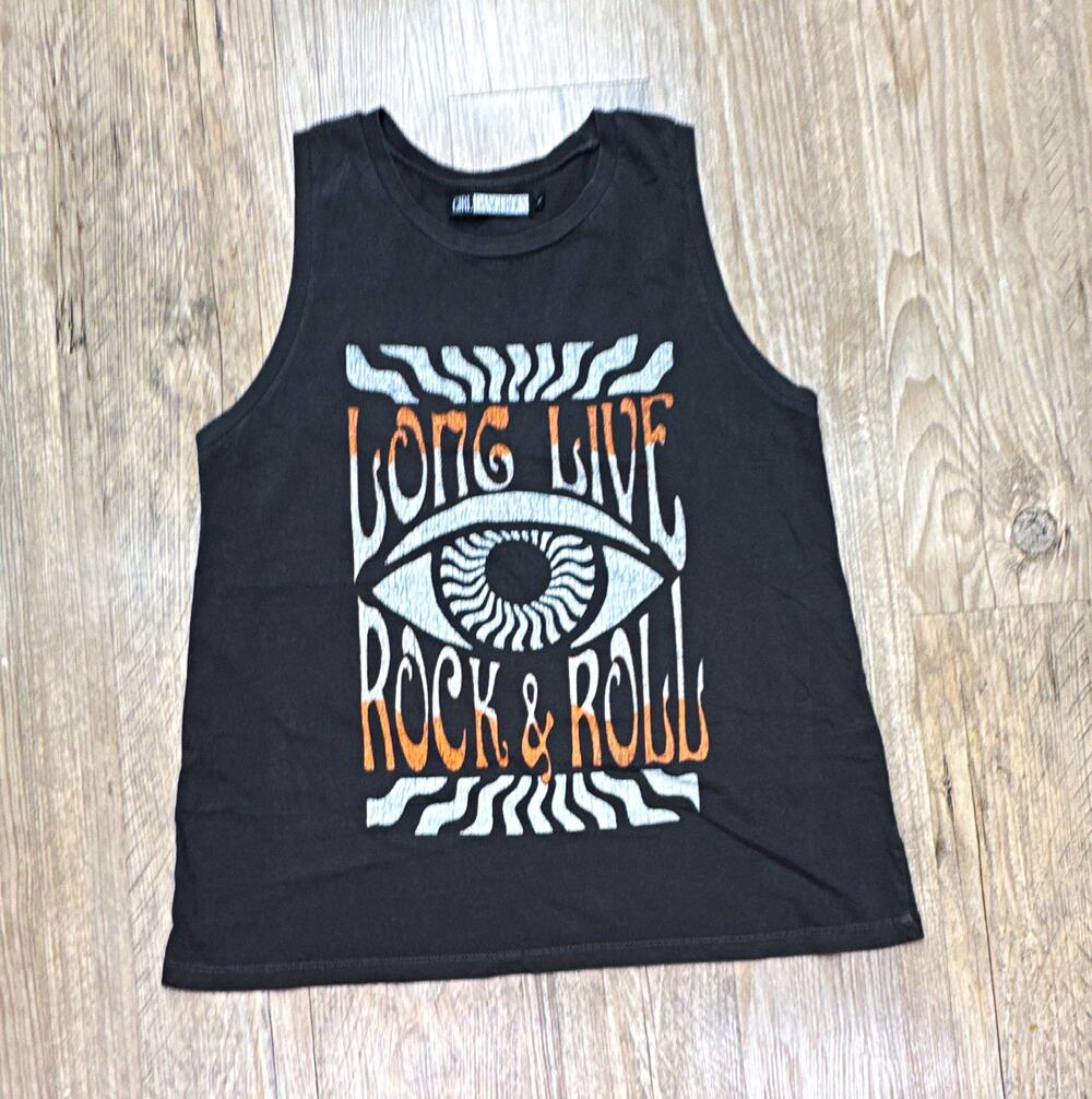 Girl Dangerous Long Live Rock & Roll Graphic Cotton Knit Tank Top Black Sz S
